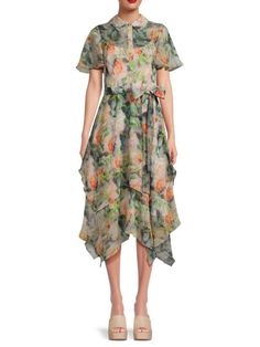 Mikael Aghal Belted Semi Sheer Midi Dress on SALE | Saks OFF 5TH Sheer Midi Dress, Summer Party Dress, Sheer Dress, Asymmetric Hem, Summer Party, Day Dresses, Dresses For Sale, Red Carpet, Party Dress