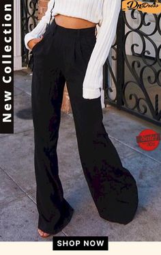 Pockets Wide Leg Pants Baggy Formal Pants For Fall, Trendy Full Length Pants For Fall, Trendy Full Length Fall Pants, Chic Baggy Straight Leg Dress Pants, Chic Baggy Straight-leg Dress Pants, Baggy High-waisted Business Casual Pants, Fall Baggy Straight Leg Dress Pants, Trendy Wide Leg Winter Pants, Elegant Loose Fit Bottoms For Fall