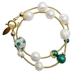 This freshwater pearl and malachite double-wrapped bracelet is ideal for daily wear, adding a touch of elegance to any outfit. Golden plated brass findings from Japan. Wear it from day to night from beach to bar. This is a lovely gift for birthday or anniversaries. This bracelet showcases the timeless beauty of freshwater pearls, known for their exquisite luster and elegance. Each pearl is carefully selected and strung together, creating a graceful and luxurious strand.  Complementing the pearls are round malachite beads, showcasing their mesmerizing green hues. Malachite is believed to promote transformation and balance, making this bracelet not only a stylish accessory but also a symbol of personal growth. It will be contained in a nice jewelry box with well packed. Elegant Handmade Malachite Bracelets, Elegant Malachite Gemstone Beads Jewelry, Malachite Beads Necklace, Elegant Malachite Round Beads Bracelets, Malachite Gemstone Beads Necklace, Round Malachite Gemstone Bead Jewelry, Luxury Malachite Jewelry With Round Beads, Pearl Birthstone, September Birthstone Jewelry