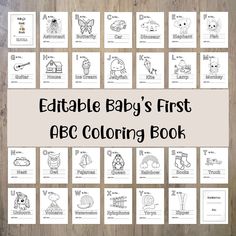 the printable baby's first abc coloring book is displayed on a wooden surface