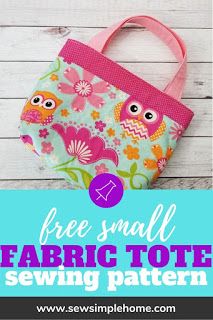 the free small fabric tote sewing pattern is shown with an owl design on it