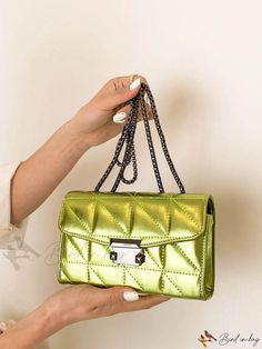 Bird in Bag - Quilted Flap Chain Square Bag with Metallic Accents Green Rectangular Evening Bag With Chain Strap, Green Chain Shoulder Bag For Party, Green Shoulder Bag With Chain Strap As Gift, Trendy Green Crossbody Evening Bag, Bird In Bag, Bag Bag, Square Bag, Metallic Accents, Pu Leather