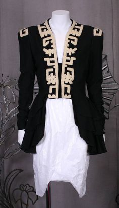 1940's Retro Knit Peplum Jacket | From a collection of rare vintage jackets at https://www.1stdibs.com/fashion/clothing/jackets/ Restyling Clothes, Black Letterman Jacket, Retro Jackets, Vintage Varsity Jacket, 1940s Outfits, Jacket Varsity, Rare Clothing, Military Jackets, Academia Clothes