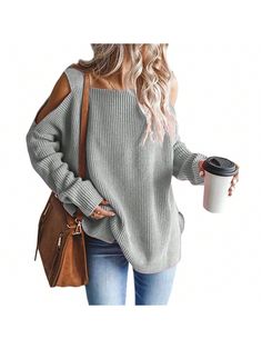 BZB Women's Cold Shoulder Oversized Sweaters Batwing Long Sleeve Square Neck Chunky Knit Fall Tunic Sweater Tops Grey Casual  Long Sleeve  Plain Pullovers   Women Clothing, size features are:Bust: ,Length: ,Sleeve Length: Fall Tunic, Fall Tunics, Oversized Sweaters, Sweater Tops, Women Sweaters Winter, Casual Stripes, Tunic Sweater, Sweaters Oversized, Shoulder Sweater