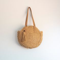 Elena Handbags Straw Woven Round Tote with Leather Strap and Tassel Trendy Fringe Shoulder Bag For Summer, Casual Summer Fringe Bag, Trendy Fringe Shoulder Bag For Vacation, Casual Crochet Fringe Bag For Travel, Trendy Summer Crochet Bag With Tassels, Casual Summer Bags With Fringe, Trendy Vacation Shoulder Bag With Fringe, Casual Fringe Bags For Spring, Trendy Crochet Travel Bag With Tassels