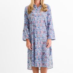 Indulge in understated luxury with our Taj Floral Blue Shifty Shirtdress. The longer hemline, sleeves, and wear make it perfect for transitioning into any season. Complemented by a classic button collar, long bell sleeves, and a slightly fuller fit, this dress is versatile and effortlessly chic. Long Bell Sleeves, Understated Luxury, Shirtdress, Bell Sleeves, Collar, Floral, How To Wear, Dresses, Blue