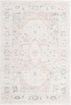 a white rug with an ornate design on the top and bottom, in pastel tones