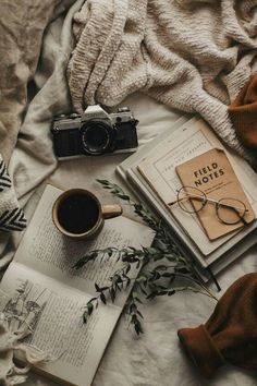 an open book, camera and glasses on a bed