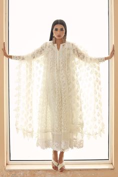 Aisha Imran. Daisy Embroidered Dupatta, White Fabrics, Lace Top, Daisy, Size Chart, Take That, Trousers, Off White, Lace