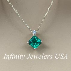 "The pendant pictured is lab created emerald and diamond #6499 -Approximate total carat weight: approx. 1.23ctw diamond equivalent -Center Stone Size: 6x6mm - approx. 1.20ct diamond equivalent -Center Stone Shape: square radiant -Gem Type: lab created emerald -Stone Clarity: VS2 -Stone Color: green -Moh's Scale: 8.5 hardness -Accent Stone Size: 1 round approx. 0.03ct. diamond equivalent -Gem Type: genuine diamond -Stone Clarity: SI1 -Stone Color: GH -Moh's Scale: 10 hardness -Metal Type and Puri Green Diamond Necklace For Formal Events, Formal Green Diamond Necklace For May Birthstone, Formal Diamond Necklace For May Birthstone, Emerald Cut Green Diamond Necklace, Green Emerald-cut Diamond Necklace, Fine Jewelry Green Diamond Necklace For Anniversary, Emerald Cut Green Diamond Gemstone Necklace, Classic Green Diamond Pendant Necklace, Fine Jewelry Green Diamond Necklace With Brilliant Cut