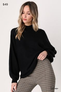 Sip some tasty tea and get lost in your favorite novel in the Lulus Cozy Perfection Black Dolman Sleeve Sweater Top! This essential top will surely be your new go-to thanks to its super-soft, lightweight knit construction and a cozy-yet-chic slouchy fit. Ribbed edges accent long dolman sleeve cuffs and the mock neckline, for a textured finishing touch to this laidback look. Fit: This garment fits true to size. Length: Size medium measures 26.5" from shoulder to hem. Bust: Great for any cup size. Waist: Not Fitted - comfortable room throughout midsection. Undergarments: May be worn with any standard bra. Fabric: Fabric is very stretchy. Unlined. 80% Acrylic, 18% Nylon, 2% Spandex. Hand Wash Cold. Do Not Bleach. Line Dry. Iron Low Heat. Imported. Lulus | Cozy Perfection Black Dolman Sleeve S Dolman Sleeve Sweater, Lulu Fashion, Winter Chic, Favorite Sweater, Mock Neck Sweater, Lightweight Knit, Winter Looks, Cozy Sweaters, Dolman Sleeve