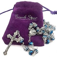 Crystal Blue Beads Rosary Necklace Handmade crystalized 6mm dark blue glass beads rosary necklace with 1.6" silver lated Jesus Cross Crucifix. Five decades rosary connected to devout 59 beads perfectly designed to hold on during daily usage. wearable for most people, easy to carry in your pocket, bag, or keep in your car or home. Cross size (H X W) : 4 x 2 cm / 1.6 x 0.9 inches, Rosary length 55 cm / 22" beads size 6.00mm, weight 0.7 oz. packed in purple gift velvet Bag. Strong and elegant Rosar Blue Crystal Beads, God Mother, Rosary Gift, Purple Gift, Rosary Necklace, Holy Land, Beads Handmade, Mother Mary, Religious Jewelry