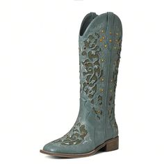 Step into style with our Rhinestone Cowgirl Chic Cowboy Boots! These boots feature beautiful embroidery and sparkling rhinestones, giving them a unique, eye-catching look. The chunky mid heel provides both comfort and height, making them the perfect choice for any occasion. Elevate your wardrobe with these chic and timeless boots. Color : Green Closure Type : Slip on Insole Material : PU Leather Lining Material : PU Leather Outsole Material : Rubber Upper Material : PU Leather Western Boots With Rhinestone Rivets, Western Boots With Rhinestone Rivets For Fall, Western Boots With Rhinestones For Spring, Fall Rhinestone Boots With Round Toe, Fall Boots With Rhinestones And Round Toe, Fall Rhinestone Round Toe Boots, Embellished Snip Toe Boots For Fall, Fall Embellished Snip Toe Boots, Fall Rhinestone Boots