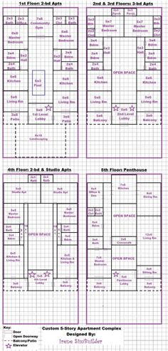 the floor plan for an apartment building with three floors and four rooms in each section