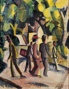 a painting of people walking in the park