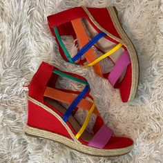 New - Bright & Fun Multicolor Wedge Sandals For Beach Season, Multicolor Summer Wedge Sandals For Vacation, Bold Platform Wedge Sandals For Summer, Bold Summer Platform Wedge Sandals, Red Open Toe Wedge Sandals For Summer, Red Open Toe Summer Wedge Sandals, Summer Red Open Toe Wedge Sandals, Multicolor Round Toe Wedge Sandals For Beach, Multicolor High Heel Wedge Sandals For Spring