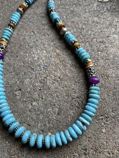 Sterling Silver Turquoise Multi Stone Bead Necklace. 18 inch Turquoise Necklaces With Round Natural Stones, Blue Necklace With Hand-strung Oval Beads, Blue Turquoise Necklace With Round Beads, Southwestern Blue Beaded Necklaces For Gift, Artisan Hand-strung Blue Beaded Necklace, Southwestern Style Blue Beaded Necklace For Gift, Adjustable Blue Turquoise Necklace With Gemstone Beads, Turquoise Rondelle Beaded Necklace Single Strand, Turquoise Rondelle Beaded Necklace