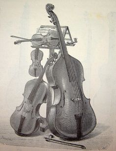 an old drawing of two cellos and a violin on top of each other with music equipment in the background