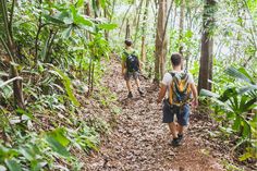 two people walking in the woods with backpacks