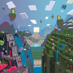 an image of a computer game scene with many objects in the air and mountains behind it