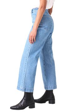 Fall for the silhouette of these high-waist jeans made from stretch-kissed denim in a light-blue wash with retro patch pockets and wide ankle-grazing hems. 28" inseam; 23" leg opening; 12 1/2" front rise; 14 1/2" back rise (size 29) Zip fly with button closure Five-pocket style 99% cotton, 1% elastane Machine wash, line dry Imported High Waist Light Wash Rigid Denim Cropped Jeans, Medium Wash Rigid Denim Cropped Leg Flare Jeans, High Rise Light Wash Cropped Jeans With Five Pockets, High-rise Recycled Denim Flare Jeans For Spring, High Rise Flare Jeans In Recycled Denim For Spring, Spring High Rise Recycled Denim Flare Jeans, Spring High-rise Flare Jeans In Recycled Denim, Spring High-rise Flare Jeans, Medium Wash Cropped Leg Recycled Denim Flare Jeans