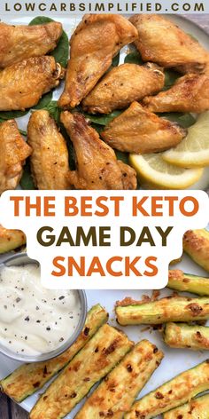 the best keto game day snacks on a plate with lemon wedges and asparagus