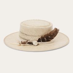 The Batterson Straw Hat is crafted with a firm finish from high-quality 100% Shantung straw. Unique, lightweight and statement-making, it has a 3 1/2” oval gambler crown and a 3” flat brim, complemented by a cotton cord hat band with removable feather detail and a genuine leather sweatband for a time-tested fit and all-day comfort. Handmade in the U.S.A. with the finest construction and materials, our straw hats are made to stand the test of time. 3 1/2" Oval Gambler Crown 3” Flat Brim Cotton Co Country Style Fedora For Kentucky Derby With Flat Crown, Adjustable Cream Boater Hat With Flat Crown, Beige Panama Hat With Flat Brim In Toquilla Straw, Country Style Straw Hat With Flat Crown For Beach, Cream Short Brim Panama Hat, Beige Flat Brim Panama Hat In Toquilla Straw, Natural Toquilla Straw Boater Hat For Rodeo, Beige Panama Hat With Flat Brim, Classic Cream Boater Hat With Flat Crown