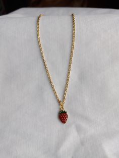 Strawberry Pendant Necklace/Red Strawberry Necklace/Perfect For Layering/Dainty To Wear Anytime/Great Gift For Mom/Great Gift For 'Thank You'/Keep For Yourself Trendy Gold Jewelry With Fruit Design, Casual Gold Jewelry With Lobster Clasp, Casual Gold Charm Necklaces As Gifts, Casual Gold Charm Necklace As Gift, Casual Gold Charm Necklaces For Gift, Trendy Strawberry Print Jewelry As Gift, Trendy Strawberry Print Jewelry Gift, Casual Charm Necklace With Adjustable Chain As Gift, Casual Charm Necklace With Adjustable Chain For Gift