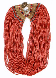 "Authentic Konyak Naga Red Glass Bead Necklace, Ca Early 1900\"s, # 1481 Description: # 1481 Red Glass Bead Naga Necklace. 71-strands of old, uniform red glass trade beads in an authentic, original necklace, worn by Konyak tribe Naga people in the northwest hills of Burma throughout the past few centuries. Beads possibly of Indian manufacture in the mid-1900's. Condition: Very good condition, with tightly woven beaded macrame. Dimensions: Size: 24'' x 2.5'' (51 x 6 cm). Nagaland has a rich diver Artisan Red Beaded Necklace, Artisan Red Beaded Necklace With Round Beads, Artisan Red Coral Beaded Necklace With Polished Beads, Traditional Hand-strung Red Coral Beads, Vintage Red Hand-strung Beaded Necklaces, Red Bohemian Necklace For Ceremonial Occasions, Traditional Red Coral Beads, Artisan Red Oval Beads, Traditional Red Coral Hand-strung Beads