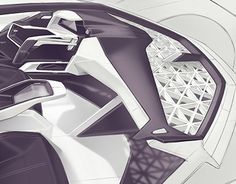 the interior of a futuristic car is shown in purple and white colors, with intricate details