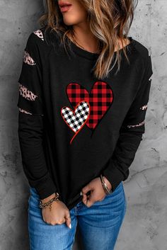 Black Plaid Hearts Print Leopard Cut-out Long Sleeve Sweatshirt Trendy Black T-shirt With Heart Print, Black Patchwork Sweater For Spring, Trendy Winter Patchwork Tops, Trendy Patchwork Tops For Winter, Black Patchwork Relaxed Fit T-shirt, Relaxed Fit Black Patchwork T-shirt, Winter Cotton Tops With Heart Graphic, Cotton Tops With Heart Graphic For Winter, Trendy Black Patchwork Sweatshirt