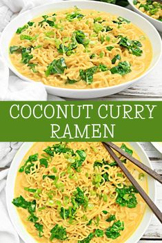 two bowls of coconut curry ramen with broccoli and noodles in the background