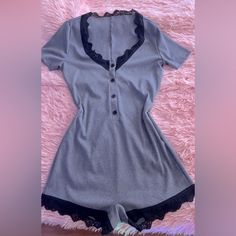 Excellent Condition! Basically Brand New, No Flaws Lace Trim Sleeveless Sleepwear For Lounging, Sleep Romper Pajamas, Cheap Black Sleepwear With Character Print, Casual Sleepwear With Built-in Shorts, Black Sleeveless Sleepwear With Lace Trim, Pajama Romper, Women's Intimates, Black Gray, Button Up