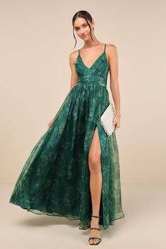 Romance That Wows Green Floral Print Organza Maxi Dress Dark Green Floral Bridesmaid Dresses, Wedding Guest Dress Cocktail, Wedding Pallet, Organza Maxi Dress, Black Wedding Guest Dresses, Forest Green Dress, Green Floral Print Dress, Casual Wedding Guest Dresses, Fall Bridesmaid Dresses