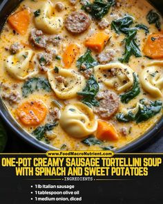 a bowl of soup with spinach, sausage and tortellini sauce on top