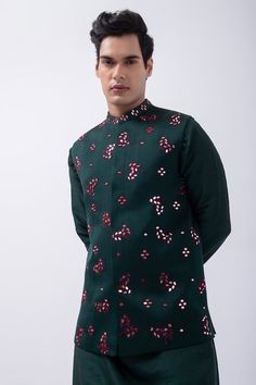 Bottle green linen satin bundi jacket with mirror and thread embroidery. - Aza Fashions Pajama Pattern, Kurta Set For Men, Silk Kurta, Nehru Jackets, Kurta With Pants, Satin Color, Thread Embroidery, Jacket For Men, Silk Pajamas