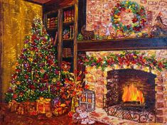 a painting of a living room with a christmas tree in the corner and presents on the fireplace