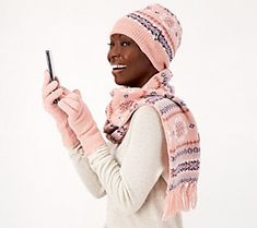 A gift for them or for you? (Hmmm... you better get two!) This warm and cozy collection of cold-weather accessories includes a reversible hat and scarf plus gloves that don't require removal when it's time to text. Don't ya just love cavorting about looking all coordinated? From MUK LUKS. Fuzzy Scarf, Reversible Sweater, Color Block Scarf, Reversible Scarf, Leopard Print Scarf, Hat And Scarf, Knit Infinity Scarf, Fair Isle Pattern, Winter Themed