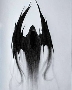 a black and white drawing of a demon's head with long, flowing hair