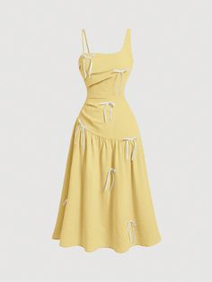 Vintage Solid Pink Asymmetrical Shoulder Strap Women Dress Yellow Elegant  Sleeveless Woven Fabric Plain A Line Non-Stretch  Women Clothing, size features are:Bust: ,Length: ,Sleeve Length: Midi Yellow Dress, Classy Short Dresses, Mod Vintage, Cute Dress Outfits, Yellow Midi Dress, Quick Outfits, Women Midi, Business Dresses, Kids Beachwear