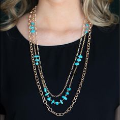 Infused With Sections Of Refreshing Turquoise Stones, A Trio Of Mismatched Gold Chains Layer Down The Chest For A Dash Of Earthy Refinement. Features An Adjustable Clasp Closure. Sold As One Individual Necklace. Includes One Pair Of Matching Earrings. Elegant Blue Beaded Necklaces With Chain, Elegant Adjustable Blue Layered Necklace, Elegant Blue Adjustable Layered Necklace, Blue Beaded Chain Jewelry For Summer, Summer Blue Beaded Chain Jewelry, Turquoise Multi-strand Necklace For Party, Blue Necklace For Summer Parties, Elegant Blue Turquoise Necklace For Beach, Elegant Blue Beaded Layered Necklace