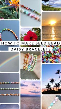 how to make seed bead daisy bracelets with rainbow beads and palm trees in the background