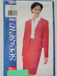 a woman's red skirt suit and jacket sewing pattern from the misses book, sew & sew