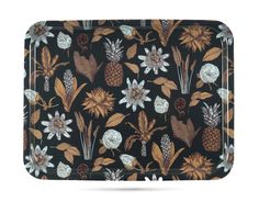 an image of a tray with flowers and pineapples on the front, black background