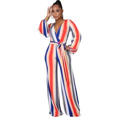 New Striped Print V-neck Sexy Long Sleeve Women Office Elegant Lace Up One Piece Jumpsuits Chic Multicolor V-neck Jumpsuits And Rompers, Chic Multicolor V-neck Jumpsuit And Romper, Striped Fitted V-neck Jumpsuits And Rompers, Striped Fitted V-neck Jumpsuit, Multicolor V-neck Jumpsuit For Night Out, Spring Multicolor V-neck Bodysuit, Office Elegant, Nightclub Party, Women Office