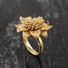 Gold Flower Ring For Promise, Vintage Flower Shaped Rings For Gift, Vintage Flower Shaped Ring As Gift, Heirloom Flower Ring For A Gift, Heirloom Flower Ring Gift, Gold Flower Shaped Ring For Gift, Gold Flower-shaped Ring For Gift, Handmade Yellow Gold Flower Ring For Anniversary, Unique Gold Flower Ring For Anniversary