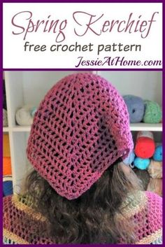 a woman wearing a pink crochet hat with the words spring kercheff free