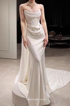 Chiffon And Silk Satin Strapless With Detachable Train Mermaid Beach Wedding Dresses, CW0383 - US12 / As Pic