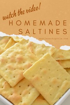 homemade saltine crackers in a white bowl with text overlay that reads watch the video