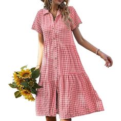 Women Casual Dresses Elegant T Shirt Dress V-Neck Button Down Short Sleeve Plaid Partyflattering On Any Body Shape. Simple Yet Classy Cute Dress. Occasion: Casual, Summer Beach, Home, Party, Dating, Wedding, Vacation, Great For Summer, Spring. Summer V-neck Shirt Dress With Buttons, Casual Button-up Midi Dress, V-neck Shirt Dress With Buttons For Vacation, Short Sleeve Vacation Dress With Button Closure, Summer Knee-length Buttoned Shirt Dress, Summer Knee-length Shirt Dress With Buttons, Cotton V-neck Shirt Dress With Buttons, Short Sleeve Dresses With Button Closure For Vacation, Summer Midi Shirt Dress With Buttons